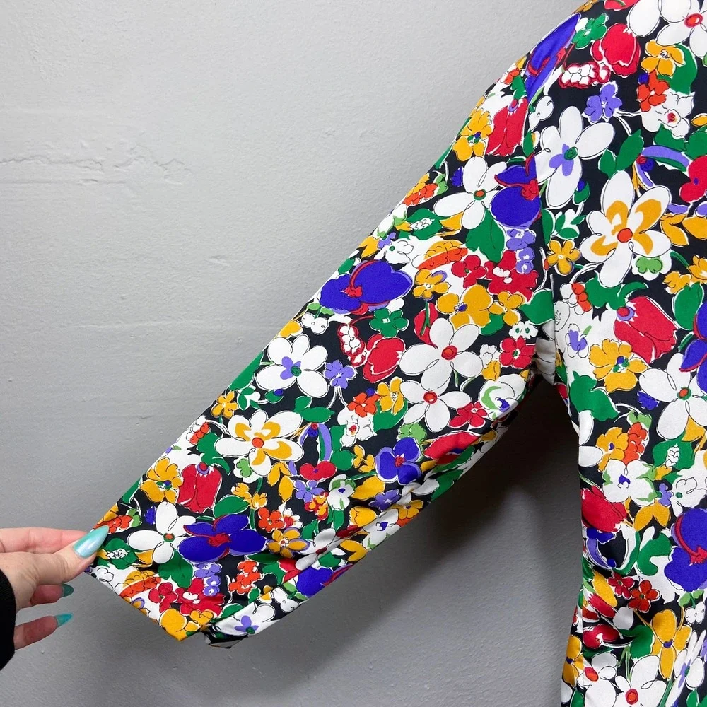 Vintage Cos Cob Floral Dress Size L Colorful Flowers Tie Waist Retro 2 Piece Set